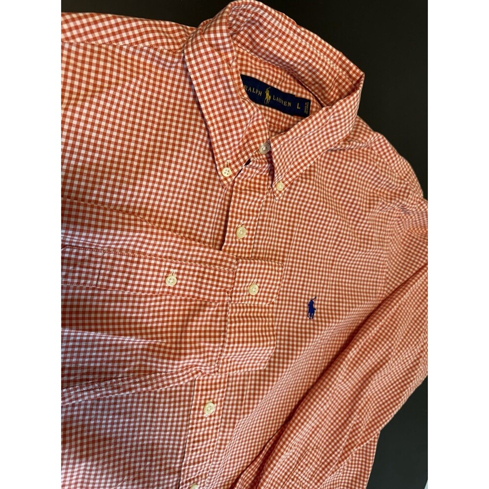 Ralph Lauren Shirt Men Large Button Down Orange White Gingham Check Preppy